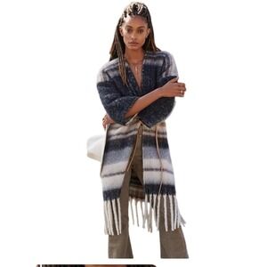 Anthropologie Striped Knit Kimono Open Front Sweater Blanket Coat Fringe Hem OS‎